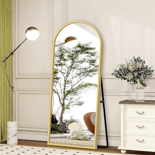 GlasFlength 56" x 18" Full Length Mirror with Stand, Arched Aluminum Alloy Frame, Versatile Standing, Hanging, or Leaning Wall/Floor Mirror for Bedroom, Living Room, or Entryway, Gold