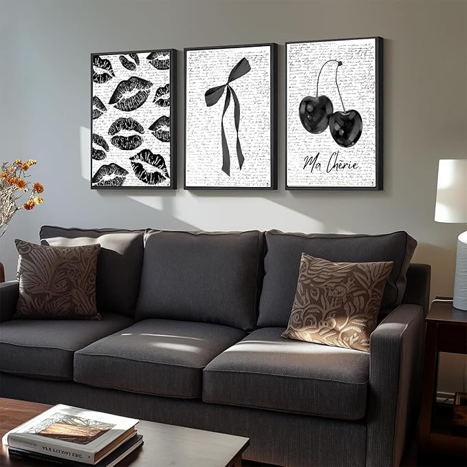 3Pcs Black Framed Fashion Lips And Cherry Canvas Wall Art Vintage Girl Funky Aesthetic Bow Wall Decor Ma Cherie Dark Coquette Posters Prints for Neutral Preppy Apartment Girl (Black Framed, 24"L x 16"W)