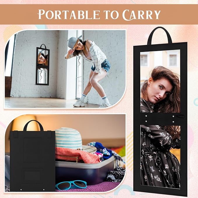 1 Pack Foldable Full Length Travel Mirror with Full Light 25.2x11.8 Inch Foldable Hanging Backstage Mirror LED Double Side Lights for Travel Camping Dance Competition Home Fitness Gift(Black)