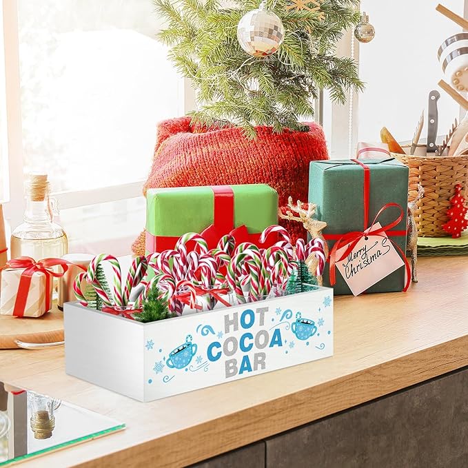YLOLUL Christmas Hot Cocoa Bar Decor Box Wood Storage Bin Xmas Blue Bar Holder Hot Cocoa Decorative Christmas Cute Wood Storage Bins for Home Kitchen Office Farmhouse Gift
