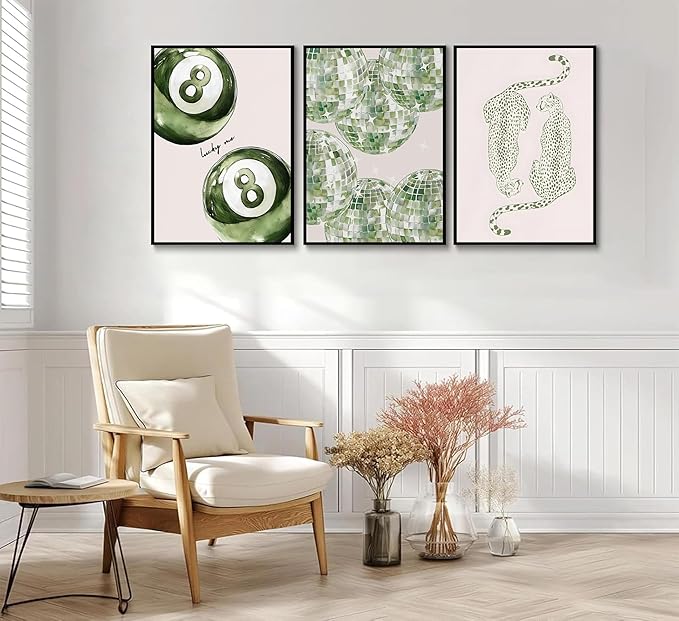 3Pcs Trendy Leopard Disco Ball Canvas Wall Art Sage Green Lucky Poster Prints Preppy Ace Cards Wall Decor pictures for Girly Bedroom Apartment Dorm Decoration Unframed