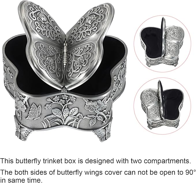 Hipiwe Antique Metal Jewelry Box Butterfly Shape Jewelry Organizer Vintage Trinket Storage Box Treasure Chest Ring Holder Earrings Necklace Storage Box Decorative Metal Box for Women, Large