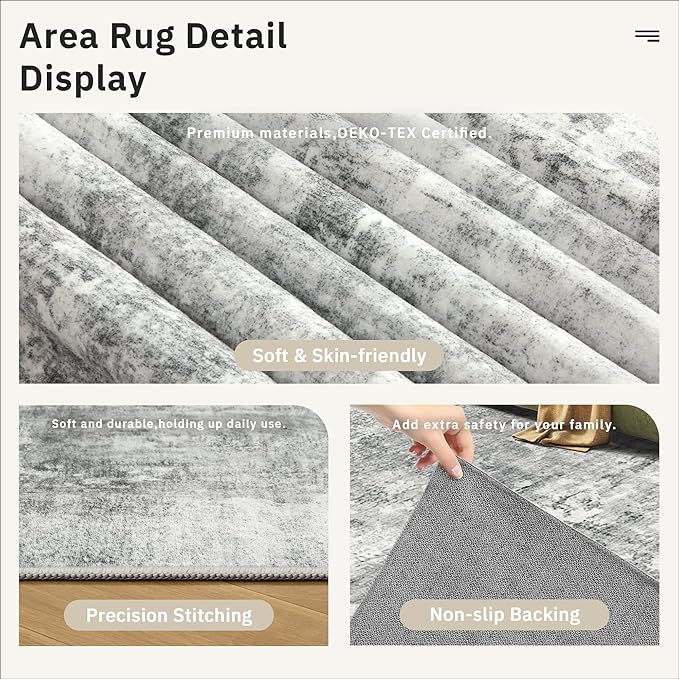 Soalmost Abstract Rug 8x10 Large Living Room Rugs Neutral Modern Washable Area Rugs for Bedroom Dining Room Non-Slip Stain Resistant Foldable Thin Rug Gray White