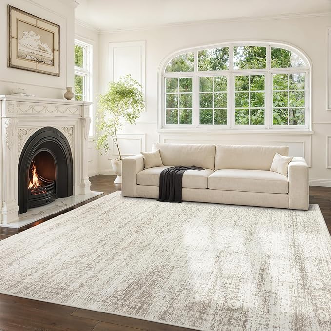 Srugn Washable Rugs 9x12 Area Rugs for Living Room,Rugs for Bedroom, Large Carpets,Ultra Soft Faux Wool Retro Dining Room Rug,Non Slip&Non-Shedding Low Pile Vintage Print Rug Indoor for Home Office