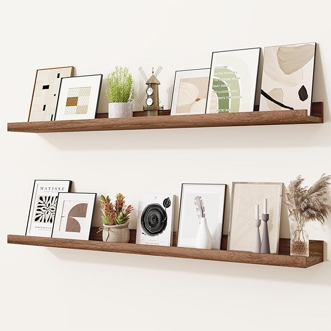 Heimlove Picture Ledge Shelf,36 inch Long Floating Shelves for Wall Set of 2,Picture Shelf with Lip for Wall Decor,Living Room,Bedroom,Bookshelf,Nursery,Perfume,Walnut Color