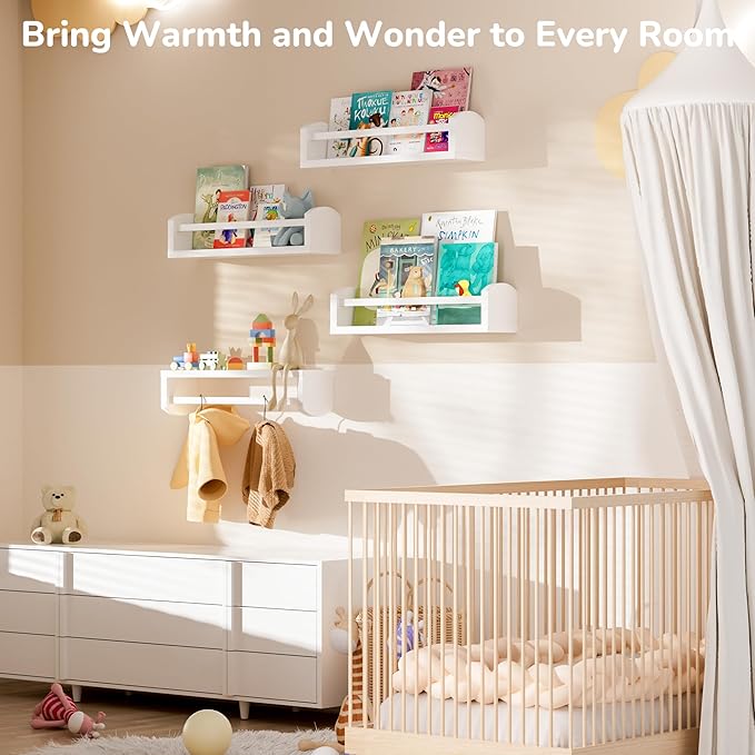 Nursery Book Shelves, 4 Pcs White Floating Shelves for Wall, 16.5 inch Solid Wood Scalloped Shelves, Wall Mounted Bookshelf for Toddler Room, Baby Room, Nursery Decor