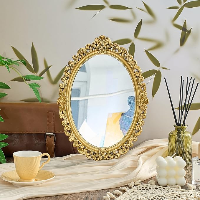 Beeveer 1 Style Vintage Mirrors Set Decorative Oval Wall Mirror Small Antique Mirrored Tray Decorative Hanging Mirror for Bathroom Bedroom Jewelry Organizer Victorian Decor (Oval,Gold)
