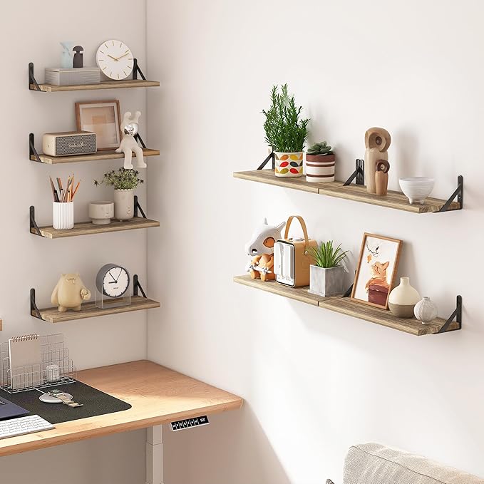 Fixwal Shelves for Room Wall, Width 4.7in Rustic Wood Wall Storage, Floating Shelves for Bedroom, Living Room, Kitchen, Bathroom, Office Decor and Plants Display (Set of 8 Carbonized Black)