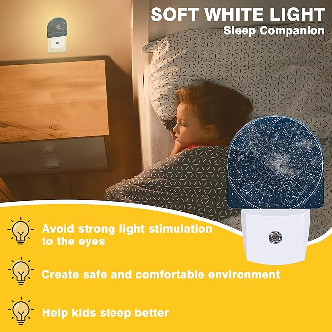 Night Lights Plug into Wall Star Map with Constellations Night Light Dusk to Dawn Smart Sensor Decorative Round Led Lamp for Bedroom Kitchen Hallway Nightlight for Women Men
