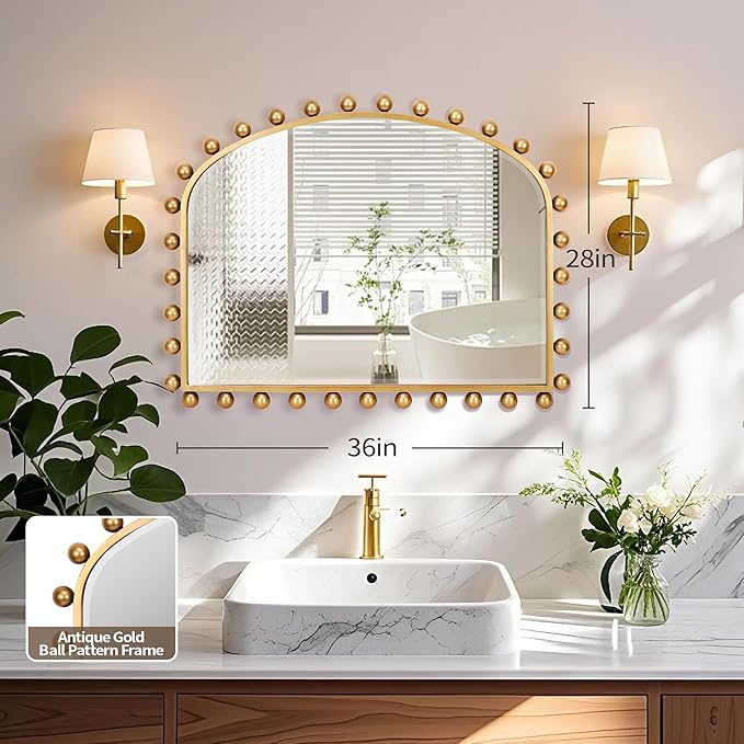 36"x28" Wide Arched Wall Mirror, Antique Gold Ball Frame with Beveled Glass, Large Horizontal Mantel Piece Over Fireplace or Above Sofa, Statement Metal Frame for Living Room