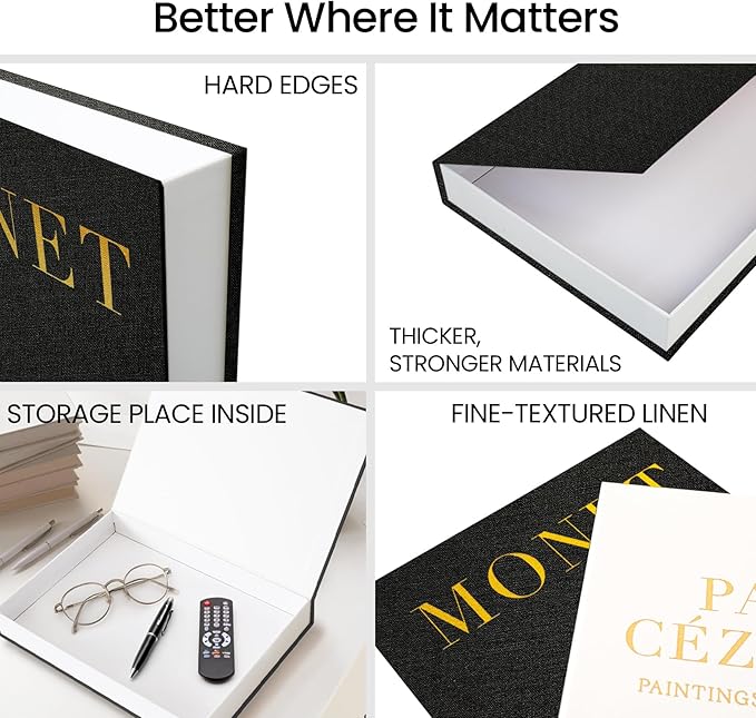 Aesthetic Decorative Books - Fake Books Storage Box for Decoration - Set of 2 Linen Coffee Table Decor - Photo Storage Keepsake Box for Room Bookshelf Decor, Black