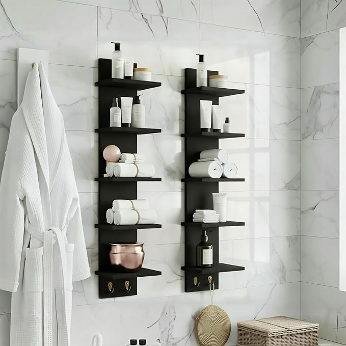 Sorbus 5 Tier Wall Shelf Unit with Hooks, Vertical Column Utility Shelving for Home Decor and Storage Organizer, Wall-Mounted Floating Shelves for Bathroom Storage, Bedroom (2 Pack)