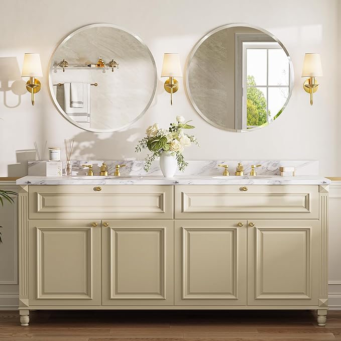 30 Inch Large Round Wall Mirror, Frameless Beveled Circle Mirror for Bathroom Vanity, Statement Decor Mirror for Living Room, Fireplace & Entryway, Solid Backed