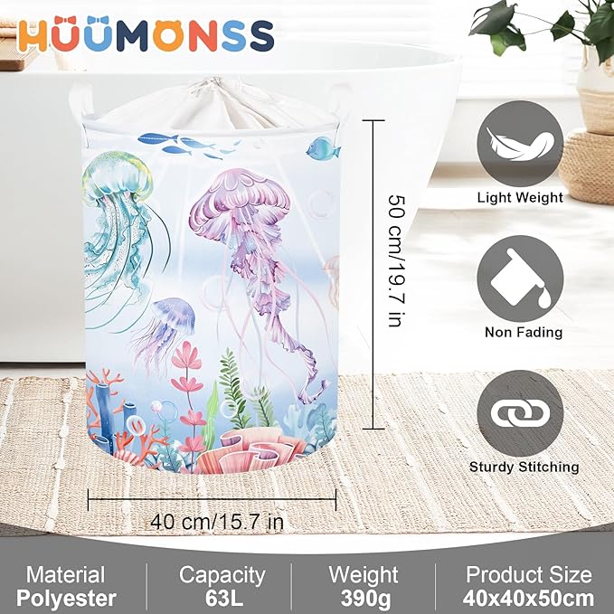 Ocean Animals Baby Laundry Hamper Collapsible Clothes Kids Storage Basket Large Boys Girls Gift Toy Box Bin for Nursery Room, Colorful Jellyfish, 63L