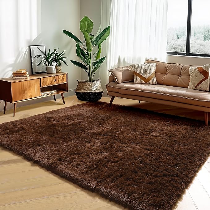 Amdrebio Dark Brown Area Rugs for Bedroom Living Room, 5x7 Fluffy Shaggy Plush Rugs for Kids Room Decor Aesthetic, Fuzzy Furry Chocolate Coffee Modern Cool Carpet for Classroom Playroom Dorm Nursery