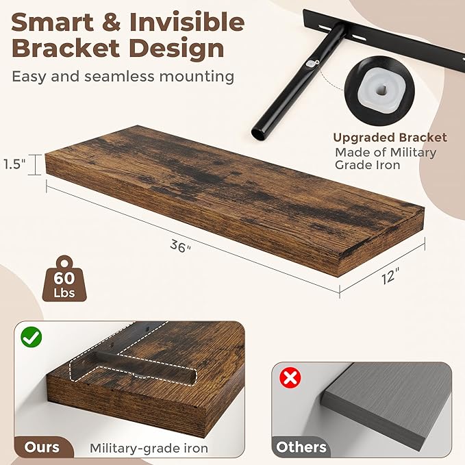 Fun Memories 36 Inch Brown Floating Shelves for Wall, 12 Inch Deep Shelves for Bathroom|Kitchen|Bedroom, Wall Mounted Rustic Wood Floating Shelf with Invisible Brackets for Books|Storage|Decor, 2 Pack