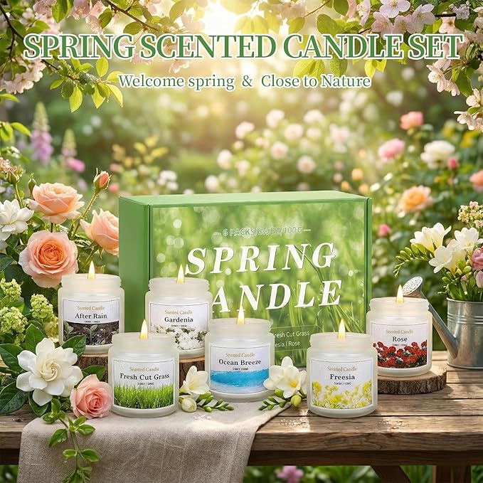 Spring Candle Set, 6 Pack Floral Scented Candles, 21 oz Soy Candles for Home Scented, Spring Gifts for Women & Men, Freesia/Rose/After Rain/Gardenia/Fresh Cut Grass/Ocean Breeze