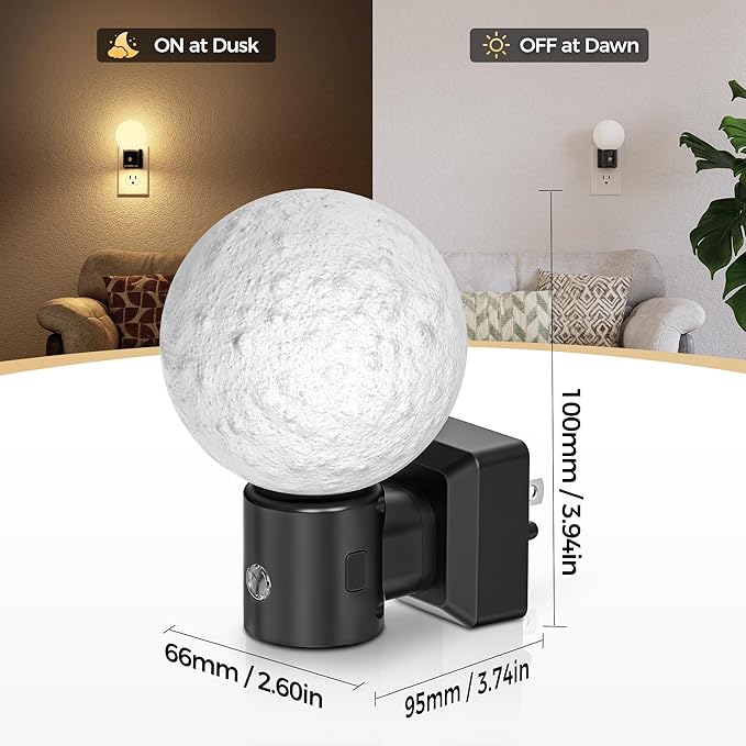DORESshop Moon Night Light, Night Lights Plug into Wall, Dusk-to-Dawn Sensor, 3D Design 3000K Soft White, Dimmable Nightlights Indoor for Bathroom, Bedroom, Hallway, Stairs, 2 Packs