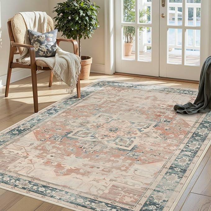 Rugxara 3x5 Orange Washable Entryway Rug, Non Slip Boho Runner Rugs for Hallway, Entrance, Kitchen, Bathroom, Laundry Room, Soft Entryway Carpet, Throw Low Pile Retro Imitation Wool Carpet, Coral