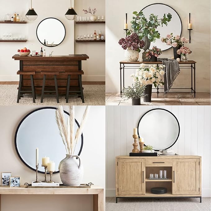 G-LEAF Black Round Mirror 24 inch, Circle Mirror for Bathroom, Entryway, Vanity, Living Room, Round Bathroom Mirror for Wall