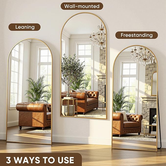 Antok Full Length Mirror, 58"x18" Floor Mirror with Stand, Hanging Mounted Mirrors for Bedroom, Living Room, Cloakroom, Dining Room, Gold, Arched