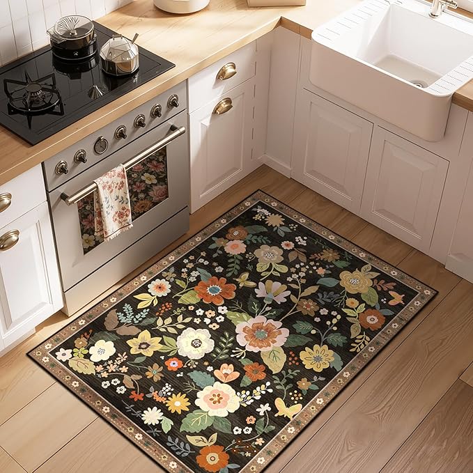 RELEANY Floral Nursery 2x3 Area Rugs Washable Print Boho Cute Carpet Non Slip Flower Low Pile for Living Room Kids Girls Playroom Bedroom Kitchen Office Farmhouse-Black/Yellow/Red