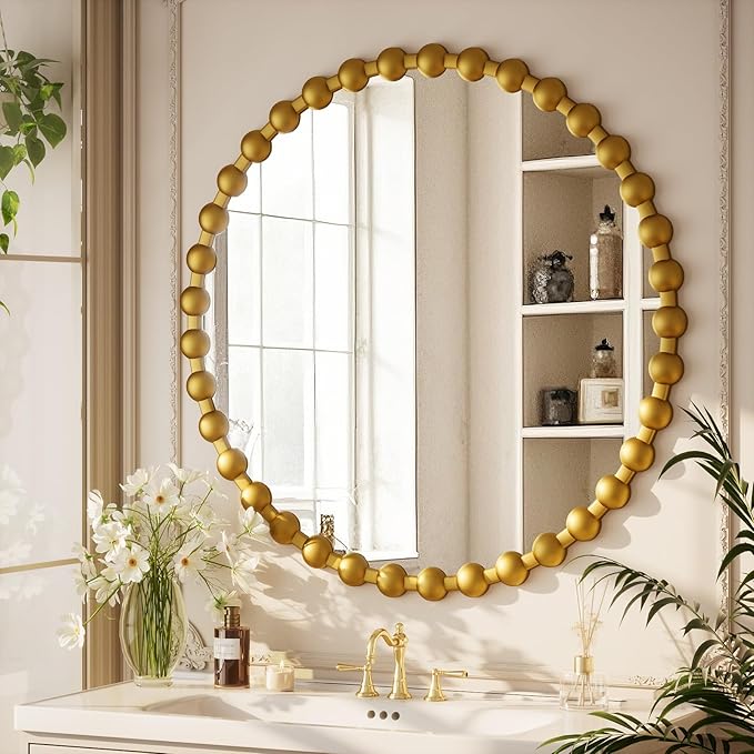 Easly Round Mirror for Wall, 32 Inch Gold Beaded Frame Decorative Vanity Mirror, Circle Bathroom Mirror with High-Definition Lense, Modern Wall Decor for Bathroom, Living Room, Bedroom, Entryway