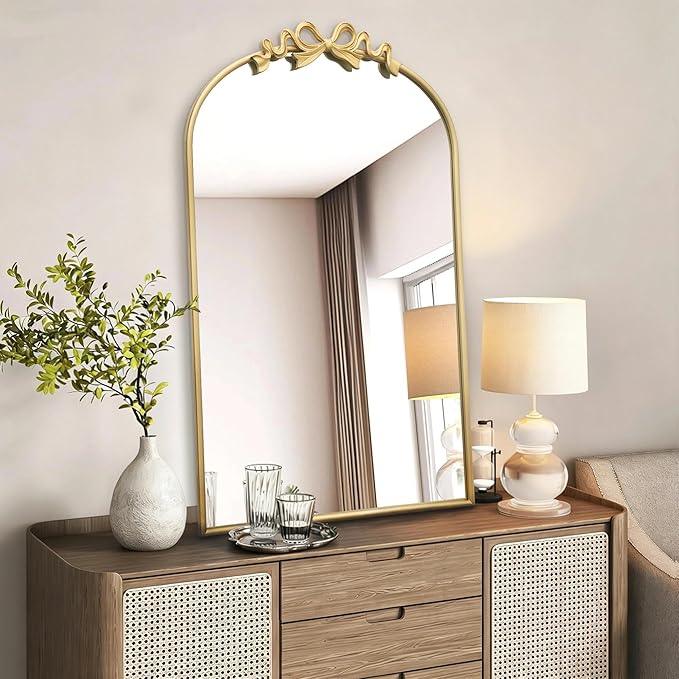 Besdomus Vintage Arched Gold Mirror: 24"x36" Large Gold Antique Bow Wall Mounted Mirror - Baroque Traditional Ornate for Entryway/Fireplace/Bathroom/Hallway - Wall Decor for Housewife