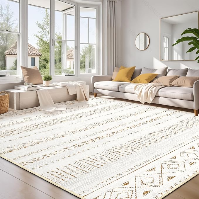 cotiled 6x9 Area Rug Living Room: Washable Boho Rugs with Non Slip Backing Large Soft Indoor Stain Resistant Carpet for Bedroom Farmhouse Dining Room Lightweight Home Decor L Brown/Cream