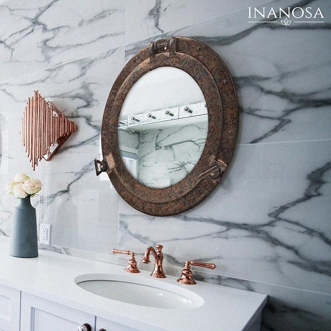 inanosa 12 Inch Bathroom Wall Decor Ship Porthole Mirror with Raku Finish Finish – Vintage Round Wall Mounted Mirror for Bathroom Vanity, Nautical Pirate Coastal Vintage Home Décor