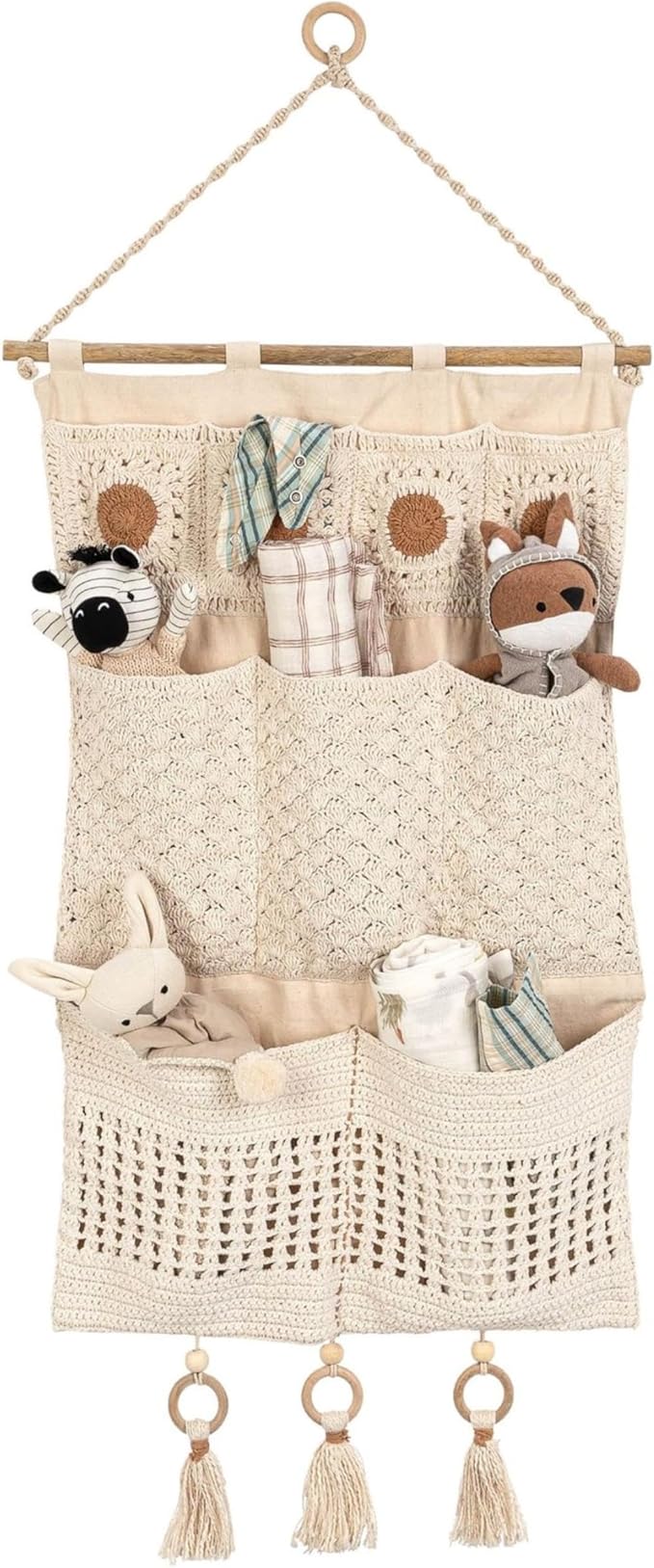 Crane Baby Wall Storage with Pockets, Boho Nursery Accent Decor, Hanging Organizer for Toys, Books, Diapers, Stuffed Animal Storage, Neutral Boho Nursery Décor, Wall Hanging Basket