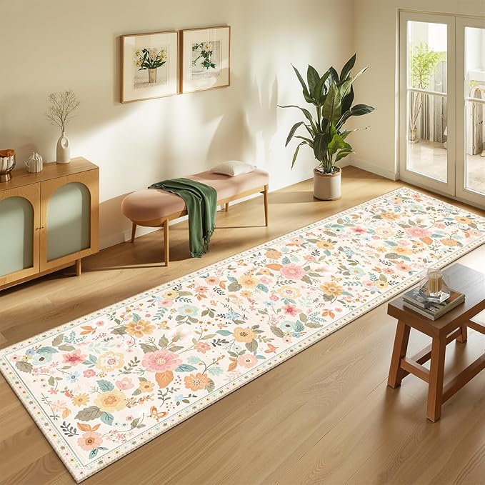 RELEANY Floral Nursery 2x10 Area Rugs Washable Print Boho Cute Carpet Non Slip Flower Low Pile for Living Room Kids Girls Playroom Bedroom Kitchen Office Farmhouse-Beige/White/Orange
