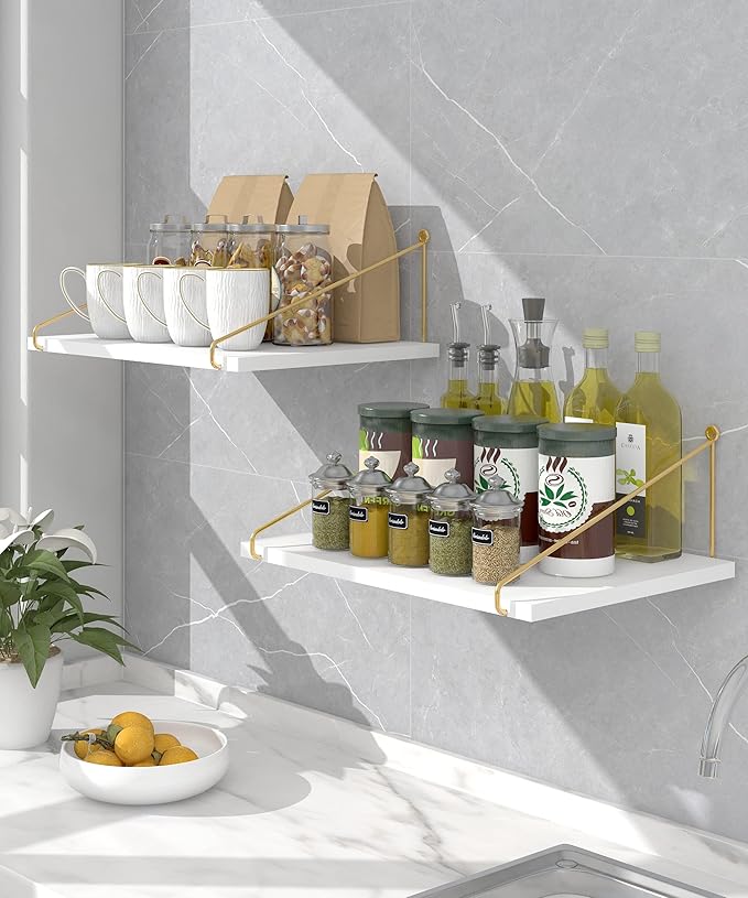 Afuly 12 Inch Deep Floating Shelves for Wall, Gold White Wall Mounted Shelves, Hanging Storage Shelves for Bathroom Kitchen Bedroom, Solid Wood Chic Bookshelves, Set of 2
