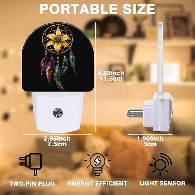 Night Lights Plug into Wall Floral Dreamcatcher Night Light Dusk to Dawn Smart Sensor Decorative Round Led Lamp for Bedroom Kitchen Hallway Nightlight for Women Men