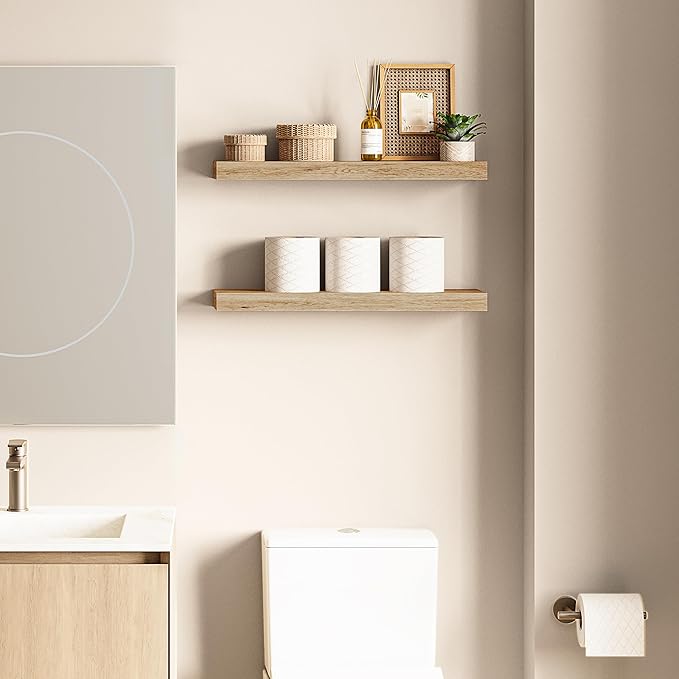 Ballucci Floating Shelves, 24" Wood Wall Shelf Set of 2, Invisible Brackets Floating Shelf Bathroom Wall Decor, Living Room, Bedroom, Kitchen, Nursery, 6" Deep, Natural Oak