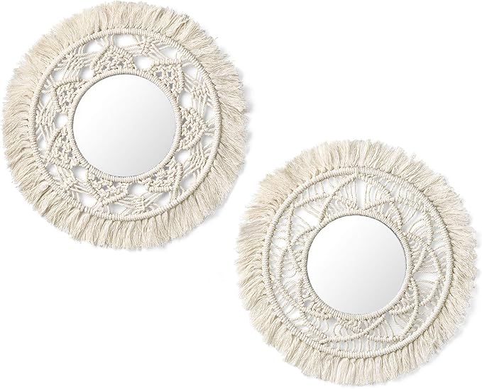 Mkono Hanging Wall Mirror with Macrame Fringe 2 Set Small Round Decoration Boho Antique Mirror for Apartment LivingRoom Bedroom Baby Nursery,Beautiful Gift Ideas