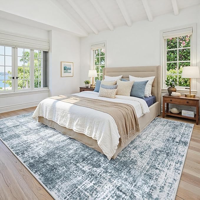 6x9 Area Rugs Washable Rug:Anti-Skid Abstract Modern Living Room Rug Soft Thin Carpets Indoor Floor Non-Shedding Carpet for Bedroom Dining Farmhouse Nursery Home Office(Light Slate Blue/White, 6x9)