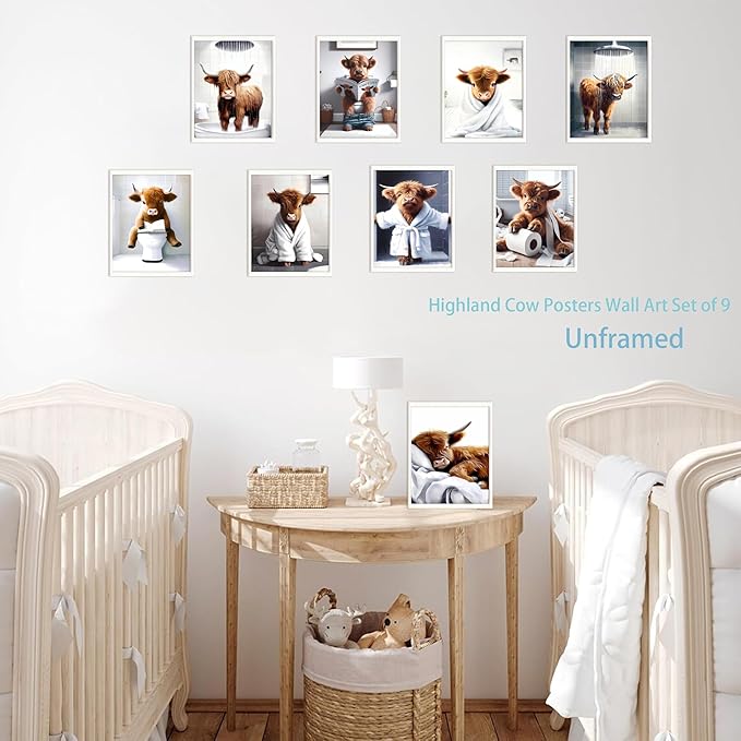 SEHSUVC Funny Bathroom Cow Posters Wall Art Set of 9, Vintage Brown Highland Cow Canvas Prints Pictures, Art Animal Restroom Wall Decor for Bathroom Bedroom Babyroom Decoration 8x10In Unframed