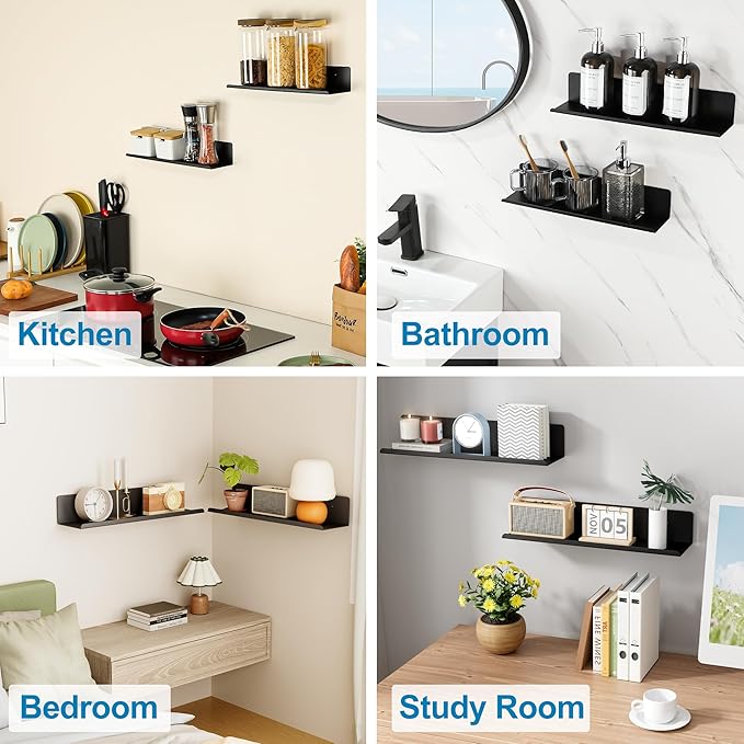 SAYAYO Black Floating Shelves for Wall Storage, 16 Inch Screw or Self Adhesive Wall Shelves for Bedroom Decor, Display Bathroom Shelf Organizer for Kitchen, Living Room, Office, 2pcs