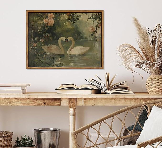 Framed Vintage Canvas Swan wall art Sage Green Print Antique Couple Swan Oil Painting Elegant Animal Pictures Wall Decor Farmhouse Aesthetic Wall Decor for Living Room Bedroom Farmhouse Home