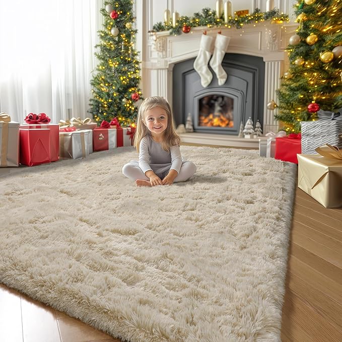 Amdrebio Beige Area Rugs for Bedroom Kids Room, Fluffy Plush Shaggy Furry Fuzzy Rug 4x6 for Living Room Decor Aesthetic, Soft Cute Shag Neutral Tan Carpet for Teens Baby Nursery Playroom Preppy Dorm