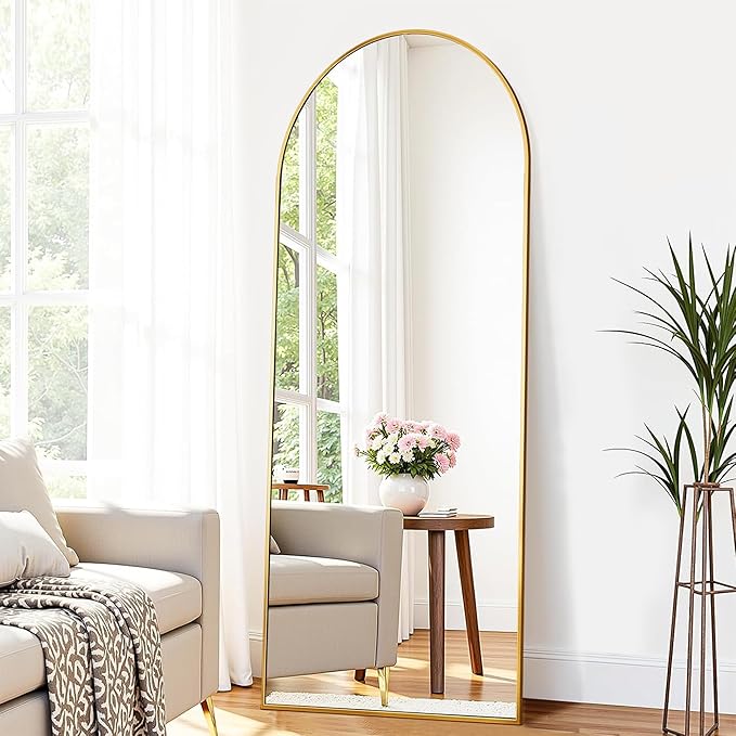 Suidia 56"x15" Arched Full Length Mirror with Stand, Full Body Mirror with Aluminum Frame, Freestanding/Leaning/Wall-Mounted, Floor Mirrors for Bedroom, Living Room, Entryway, Dressing Room, Gold