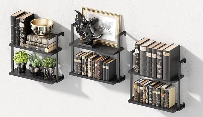 Wall Mounted Bookshelves Set of 3, Floating Shelves for Wall, 6-Tier Wooden Hanging Bookshelf, Easy Installation Book Organizer for Home Office, Living Room, and Bedroom