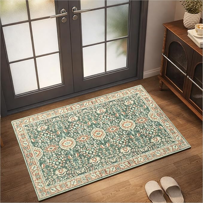 Goideal Washable Rug 2x3, Vintage Area Rugs Non Slip, Indoor Low Pile Carpet with Rubber Backing for Kitchen Bathroom Entryway Office Bedroom,Green & Orange
