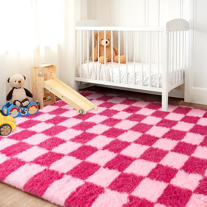 Checkered Rugs for Living Room Bedroom, 5x7 Area Rugs for Living Room, Modern Shaggy Carpets Fuzzy Rug for Boys Girls Dorm Nursery Home Decor Aesthetic, Upgrade Non-Slip Durable, Pink and Hot Pink