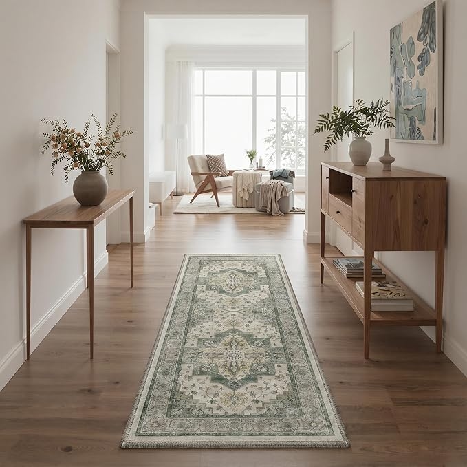 GENIMO Runner Rug 2x8 Non Slip Machine Washable Vintage Hallway Runner Rug, Low Pile Lightweight Rugs for Entryway, Hallway, Kitchen and Corridor, Sage Green