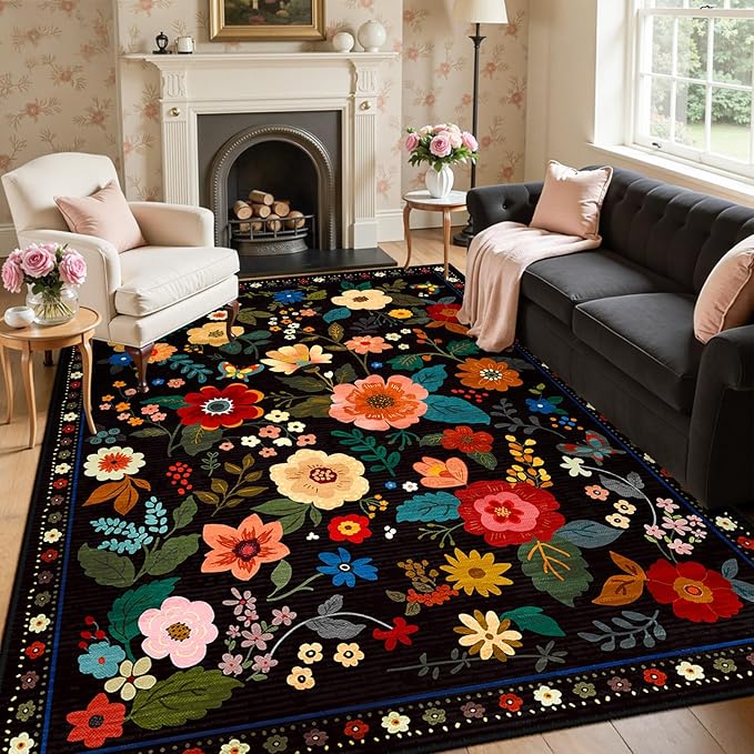 RELEANY Floral Nursery 6x9 Area Rugs Washable Print Boho Cute Carpet Non Slip Flower Low Pile for Living Room Kids Girls Playroom Bedroom Kitchen Office Farmhouse-Black