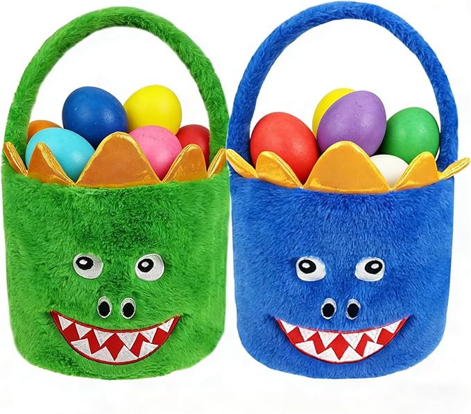 DearSun 2 Pcs Easter Basket Dinosaur Plush Baskets, Easter Egg Hunting Basket for Kids Gifts Party Decoration Supplies, Dia 8" * H 15.7"(Green & Blue Dinosaur)