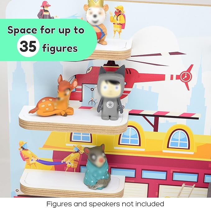 stadtecken Wooden Shelf for Music Box I Suitable for The Toniebox and ca. 35 Tonies I Perfect Storage in The Children's Room I for Setting up or Hanging (Medium, Fire Fighters)