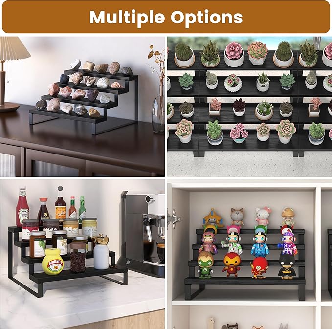 Wood Display Risers, 4 Tier 13.4IN Perfume Organizer Shelf with Metal Legs, Large Wooden Cupcake Stand Holder, Display Shelf Stand for Figures, Party, Makeup, Dessert Shelves for Party, Black